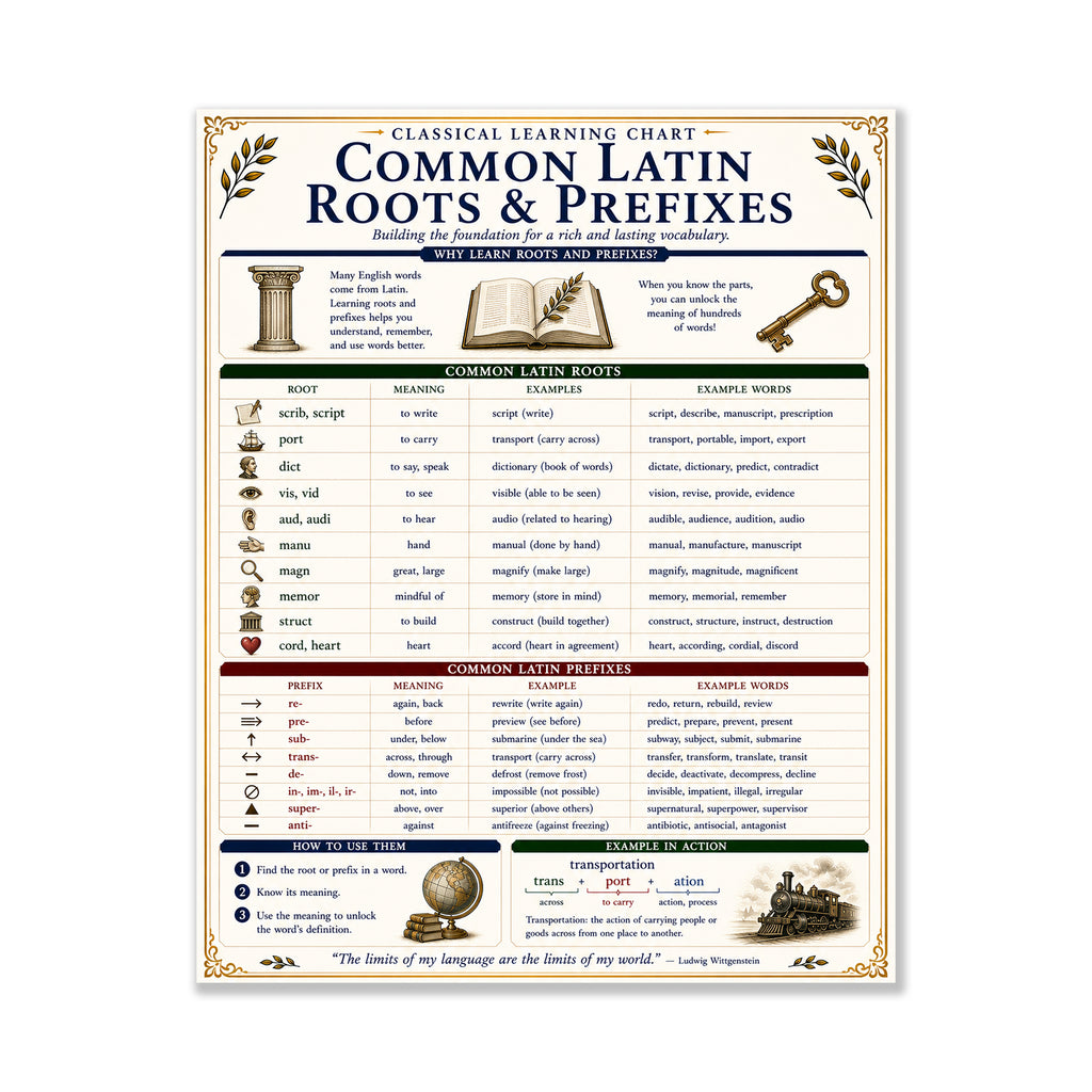 Common Latin Roots & Prefixes Educational Reference Chart