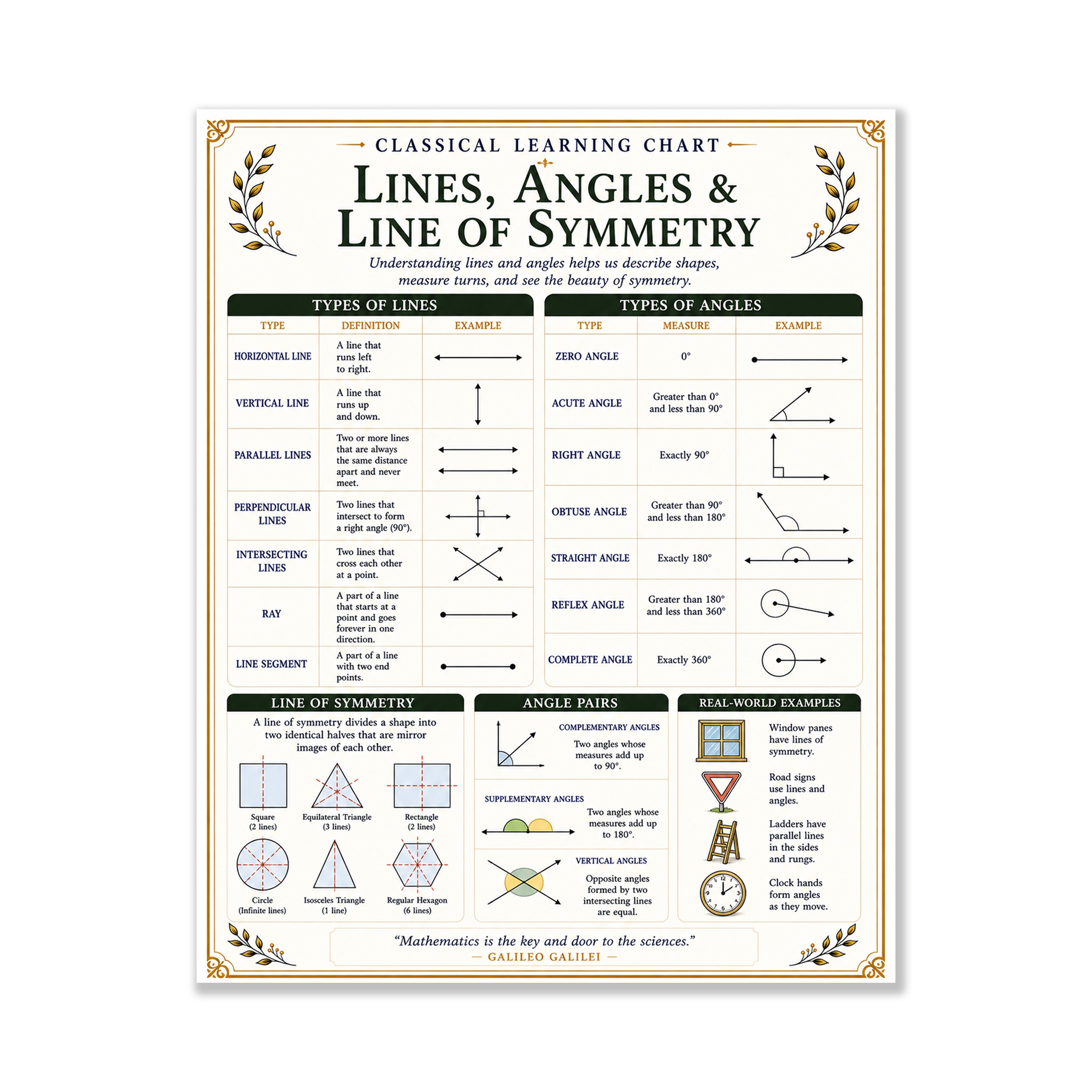Lines, Angles & Line of Symmetry Educational Chart