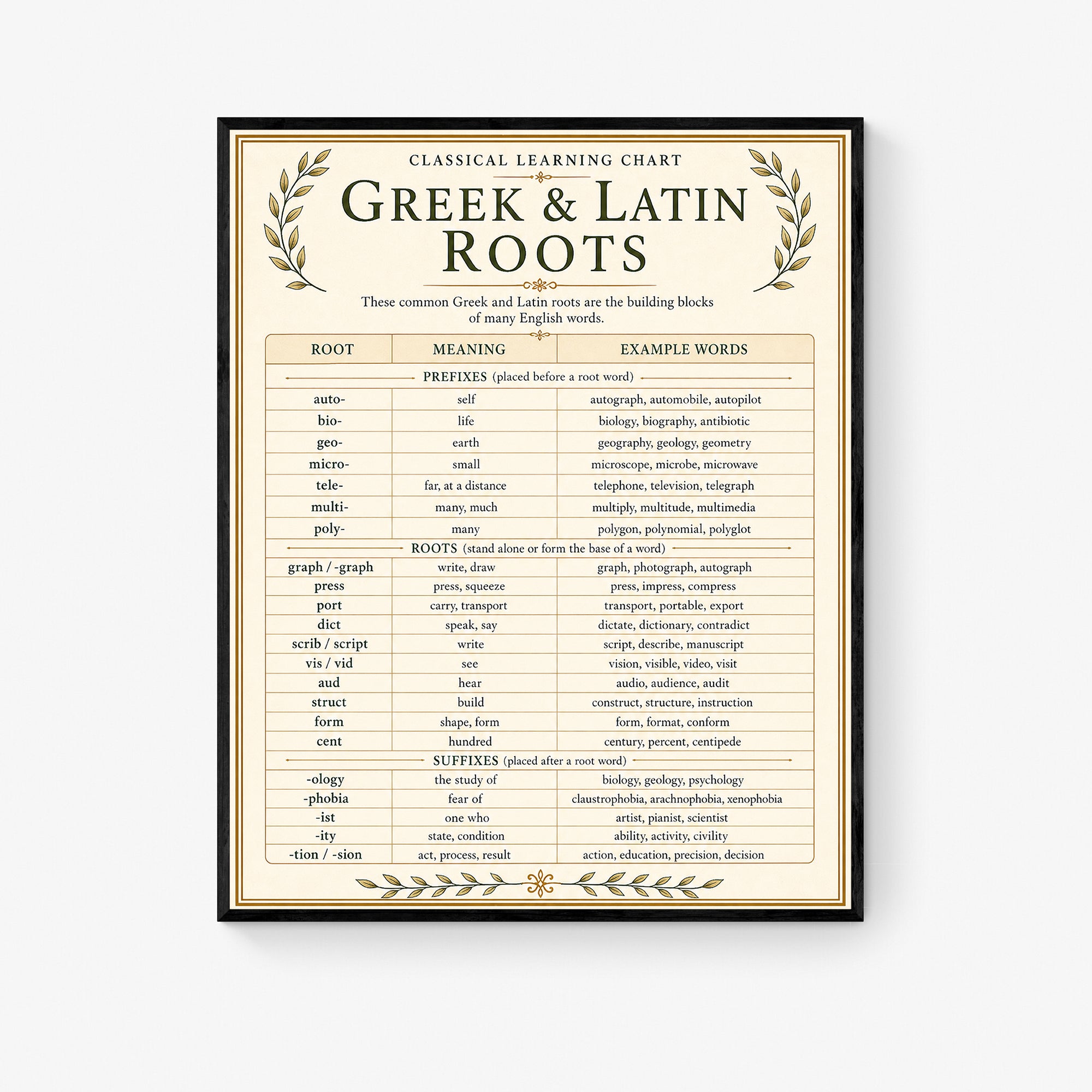 Greek & Latin Roots Educational Chart