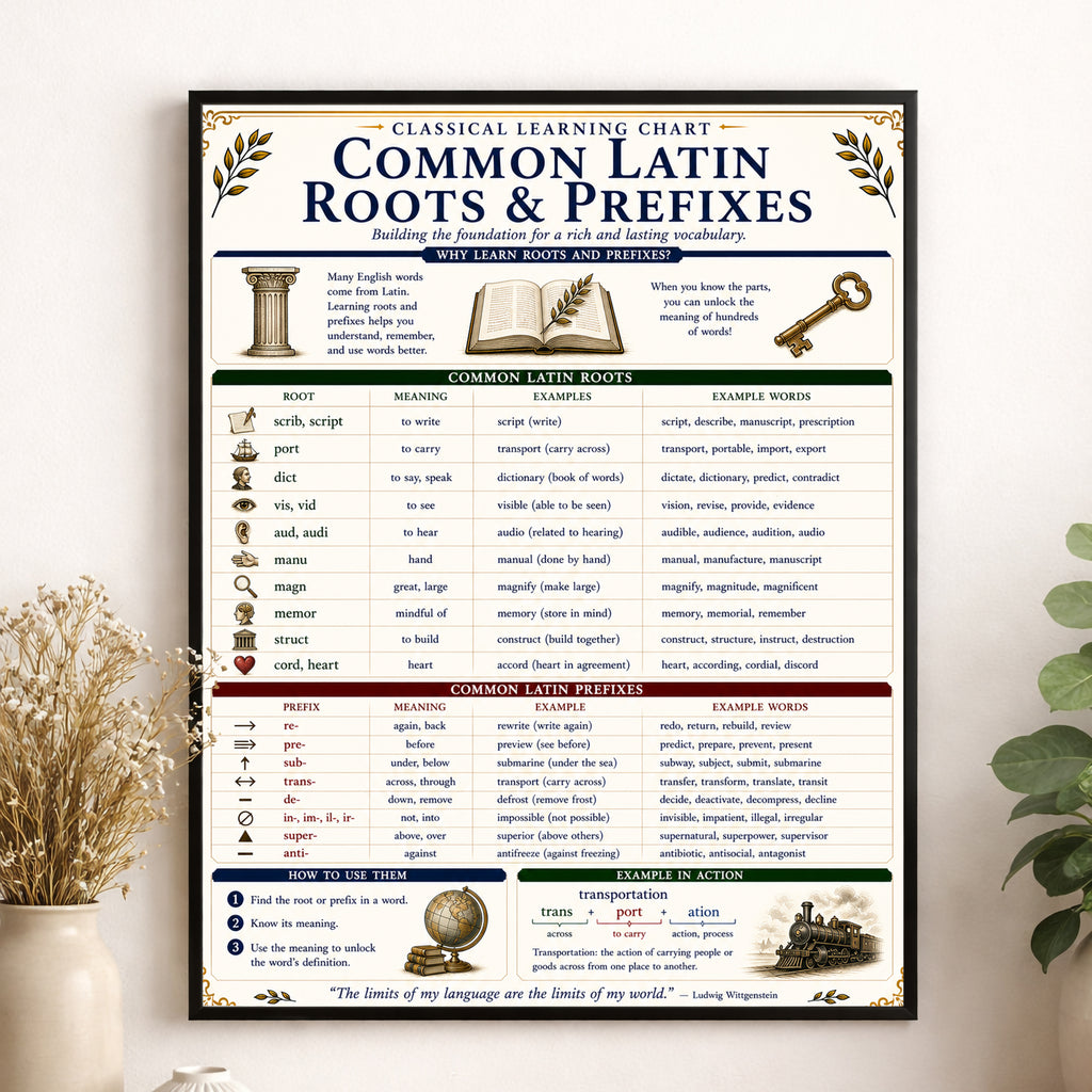 Common Latin Roots & Prefixes Educational Reference Chart