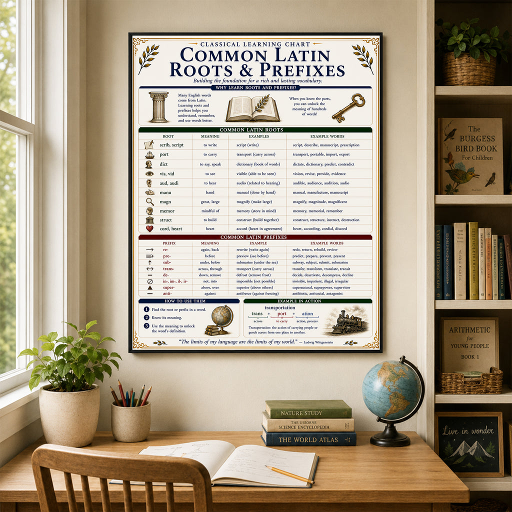 Common Latin Roots & Prefixes Educational Reference Chart