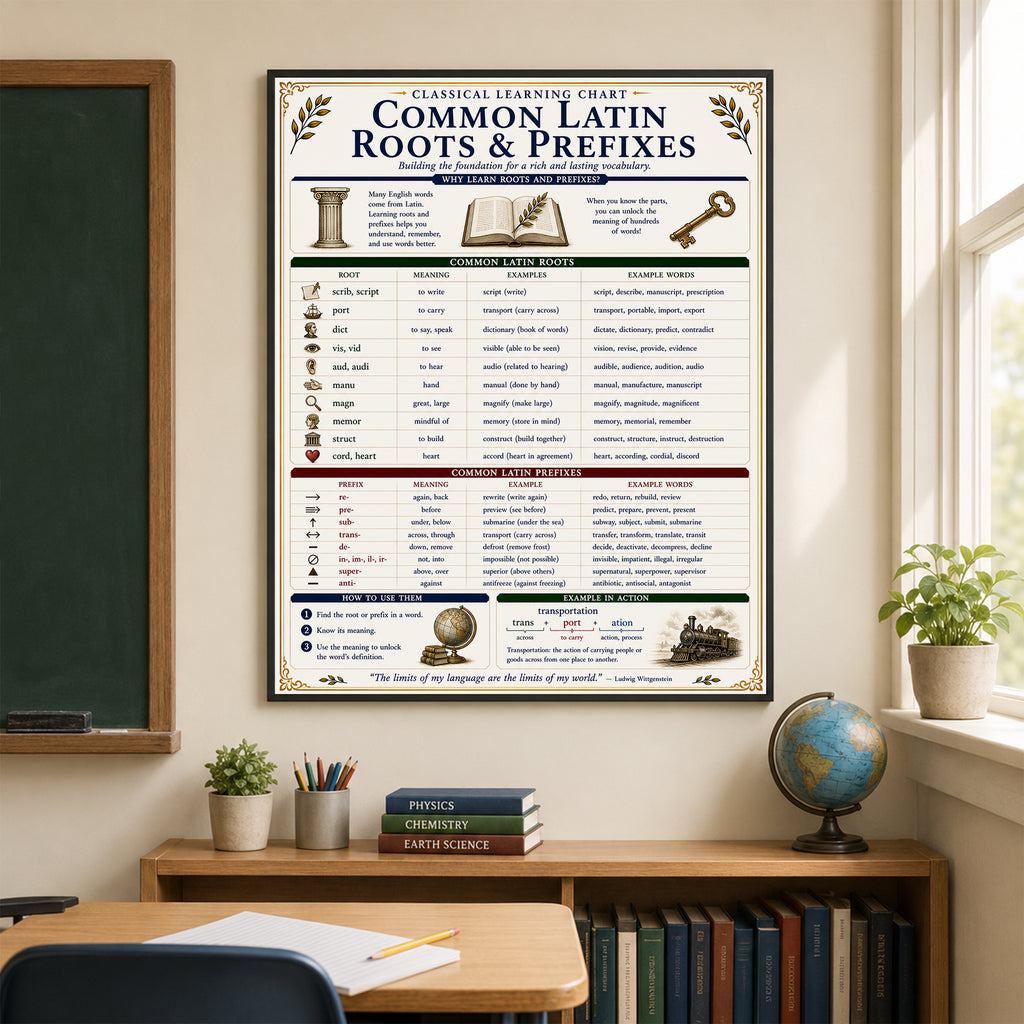 Common Latin Roots & Prefixes Educational Reference Chart