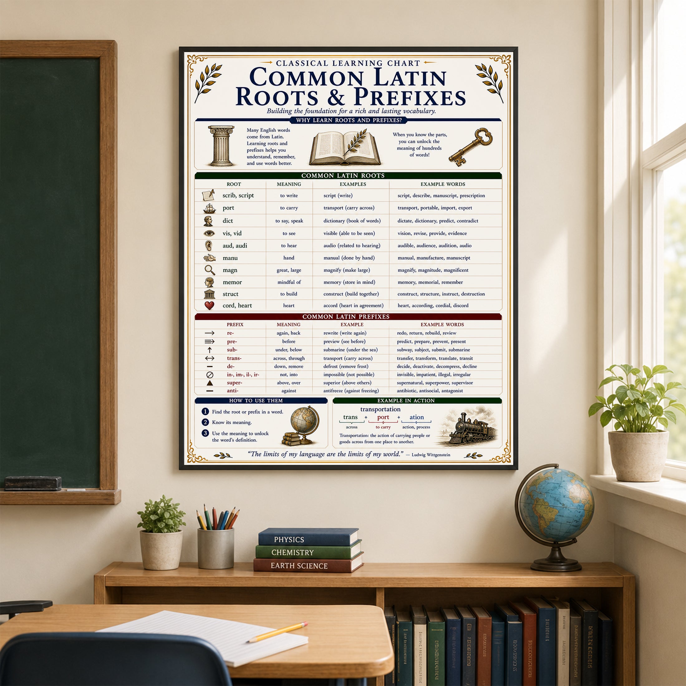 Common Latin Roots & Prefixes Educational Reference Chart